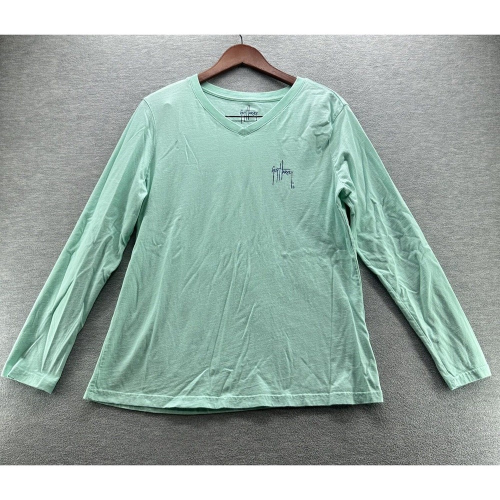 Guy Harvey Men's Large T-Shirt Long Sleeve Solid Teal Fishing V- Neck (A18)